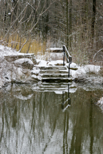 Snow Covered Pond and Stairs